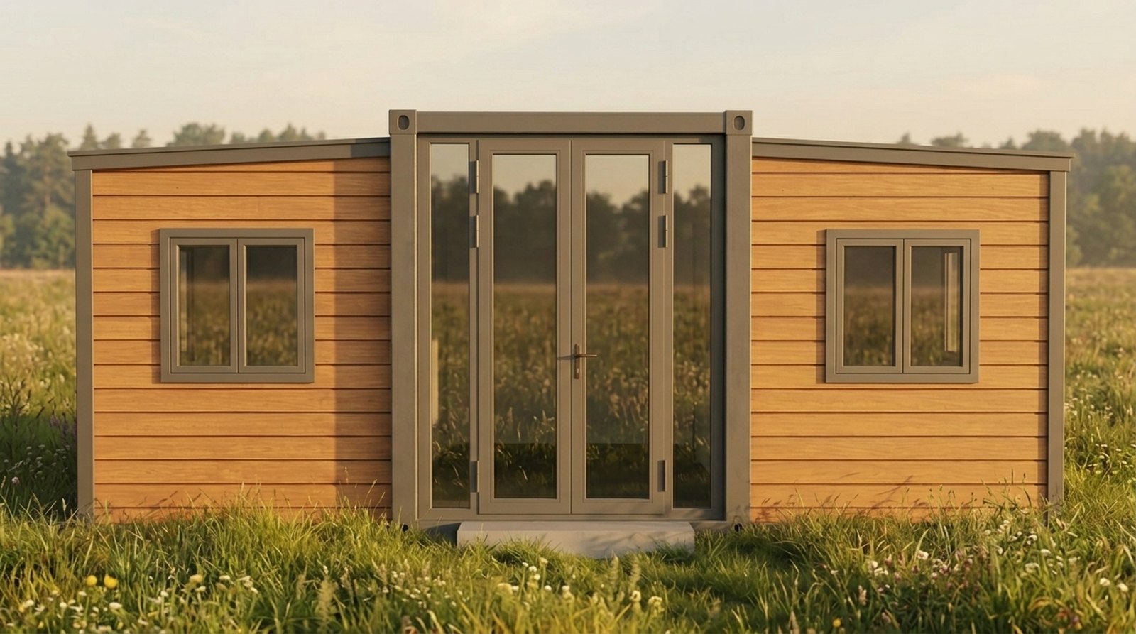 L'Épure 36 vue de face : entrée vitrée au centre, une fenêtre par aile.
