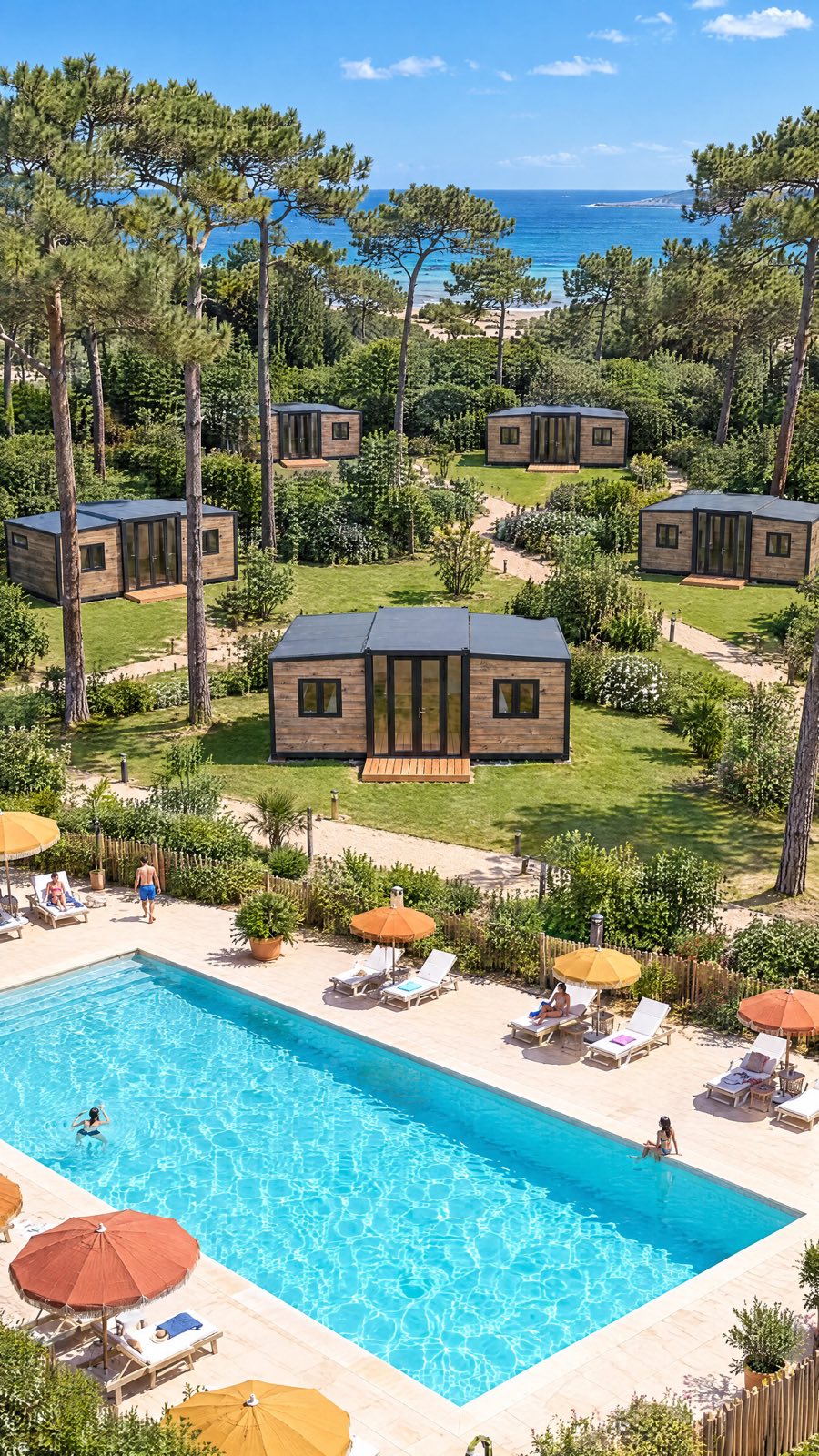 Hébergements Conteneur Angélique dans un camping arboré, autour d'une piscine