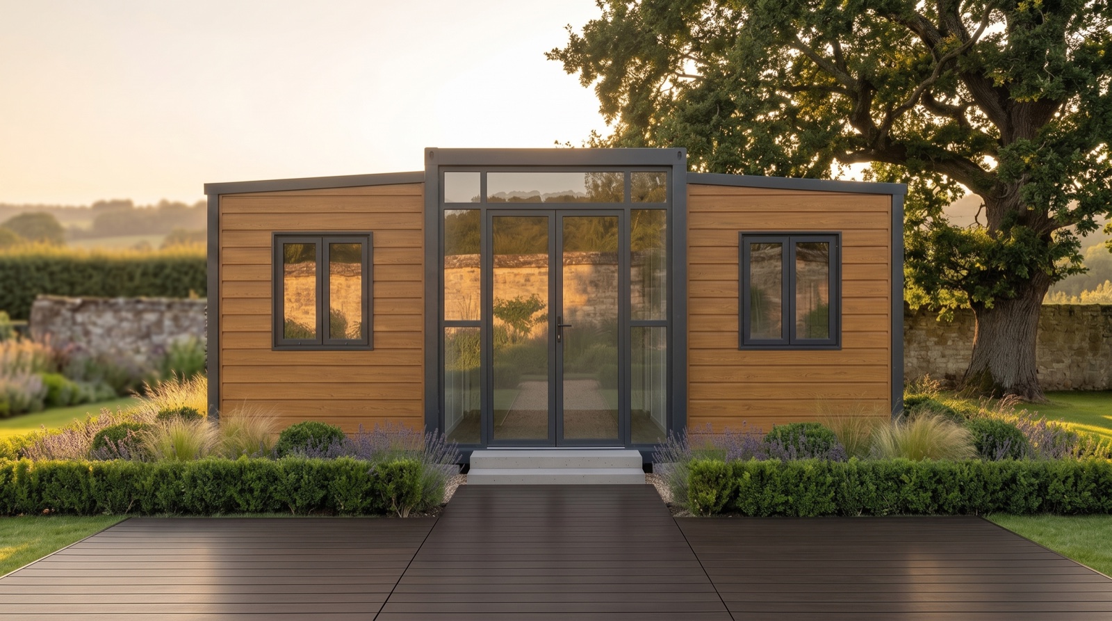 Terrasse Signature : lames lisses satinées chêne carbonisé, rendu premium contemporain