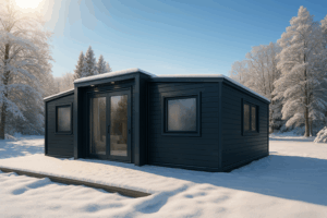 Cabane modulaire noire installée en pleine neige, entourée d’arbres givrés en hiver.