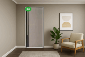 Porte intérieure moderne modèle D2 installée dans un salon minimaliste avec fauteuil, plante décorative et tableau abstrait.