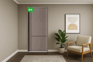 Porte intérieure moderne modèle D4 installée dans un salon minimaliste avec fauteuil, plante et tableau décoratif.