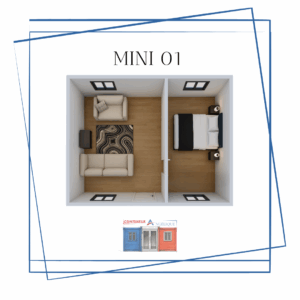 Plan 3D Mini 01 – module compact avec séjour et chambre